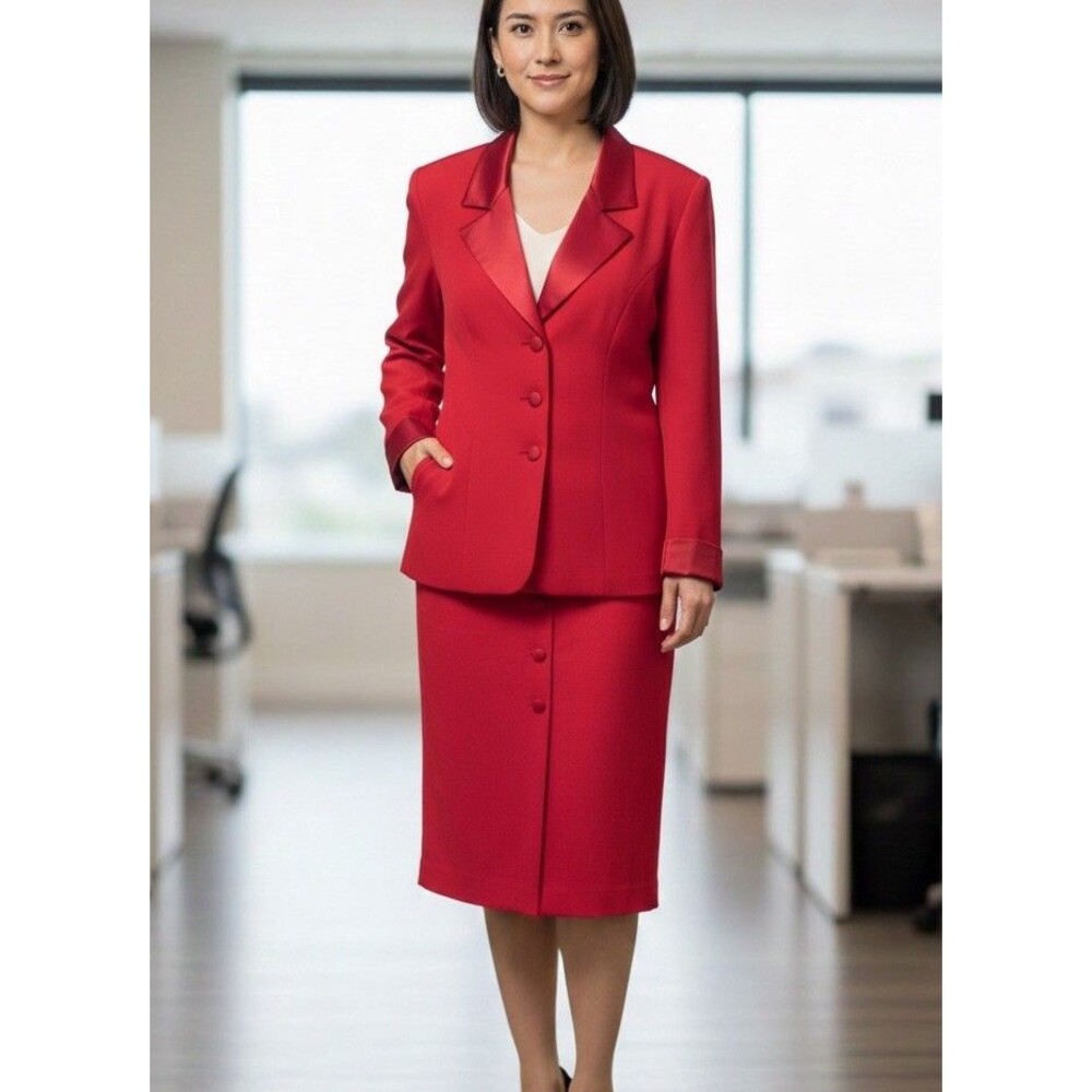 Studio 1 Petite 12P french cuff red lined 2-piece skirt suit w blazer Vintage